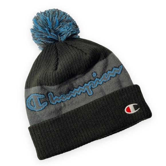 Champion Men's Outlined Logo Pom Cap Hat Beanie Black Gray‎ Blue Unisex - Picture 1 of 4